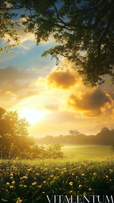Golden meadow sunrise under silhouetted oak canopy.