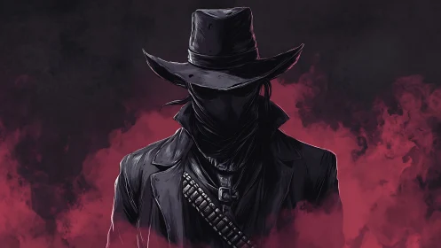 Masked gunslinger silhouette in crimson smoke haze.