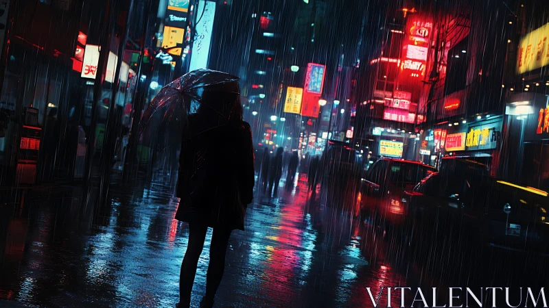 Silhouetted pedestrian stands in neon city street during rainfall