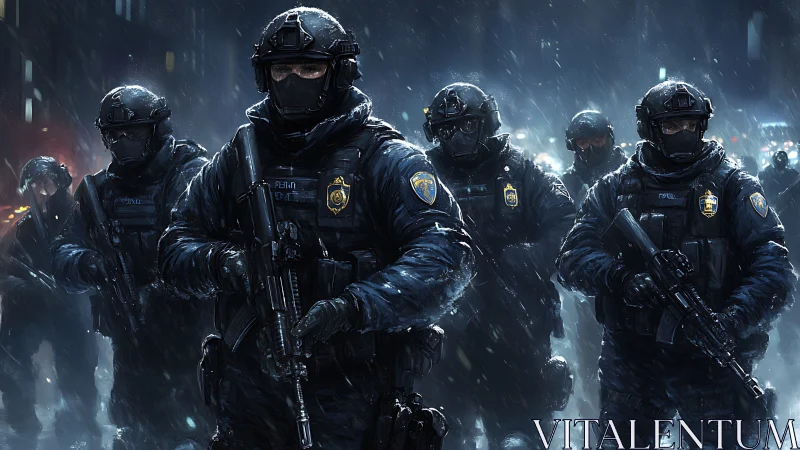 Storm-lit tactical squad advancing through icy urban night.