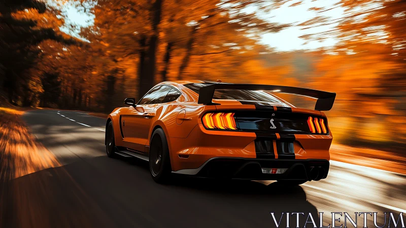 Orange sports coupe on forest road in autumn foliage motion.