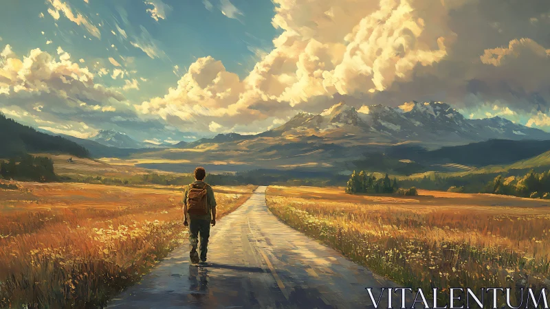 Digital painting of lone hiker on rural road under vast skies.