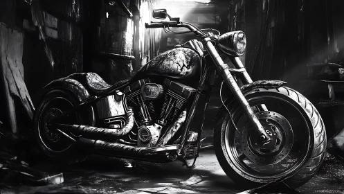 Custom V-twin motorcycle stands in narrow, dim urban alley