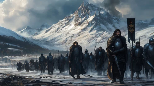 Winter-clad warriors carve a dark path below thunderous peaks