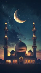 Crescent moon over illuminated mosque at night sky.