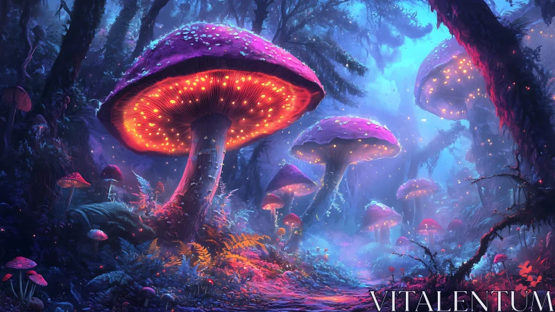 Luminous mushroom elders casting neon spells in twilight woods.