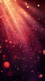 Digital bokeh light rays over crimson particle field backdrop.