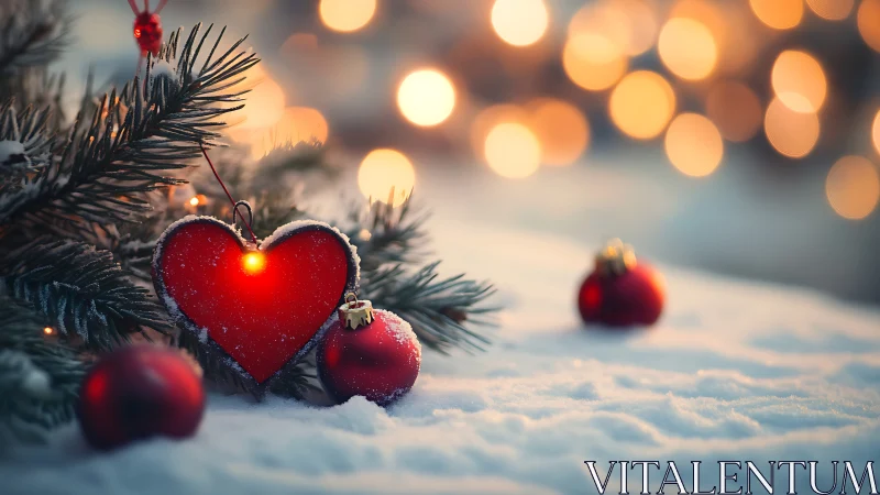 Heart ornament and baubles on snow with defocused lights.