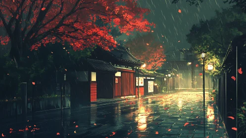 Rainy Kyoto street glows beneath crimson autumn maples at dusk.