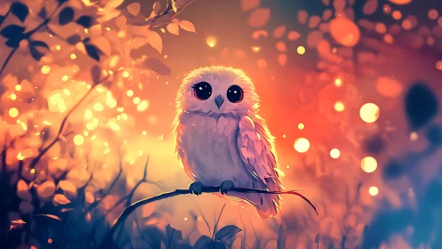 Whimsical Baby Owl on Branch in Vibrant Fantasy Forest Art.