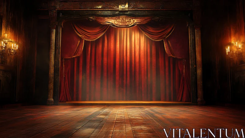 Ornate proscenium stage with closed red velvet curtain lighting