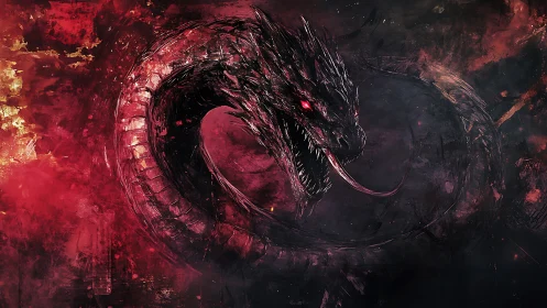 Ouroboros dragon in coiled profile with crimson inferno backdrop