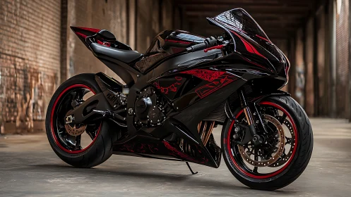 Aerodynamic black superbike showcases aggressive red trim detailing