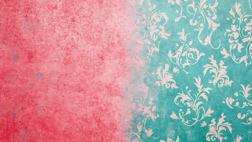 Distressed pink and teal damask split background texture