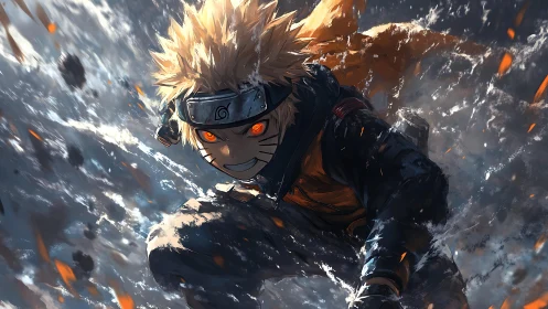 Dynamic anime ninja portrait in explosive motion blur lighting