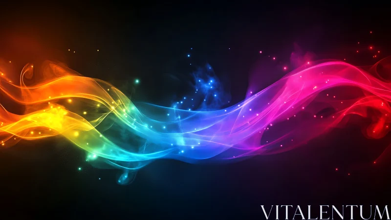 Colorful flowing light waves on dark abstract background.