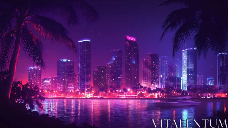 Neon-lit tropical skyline glows over calm waterfront night.