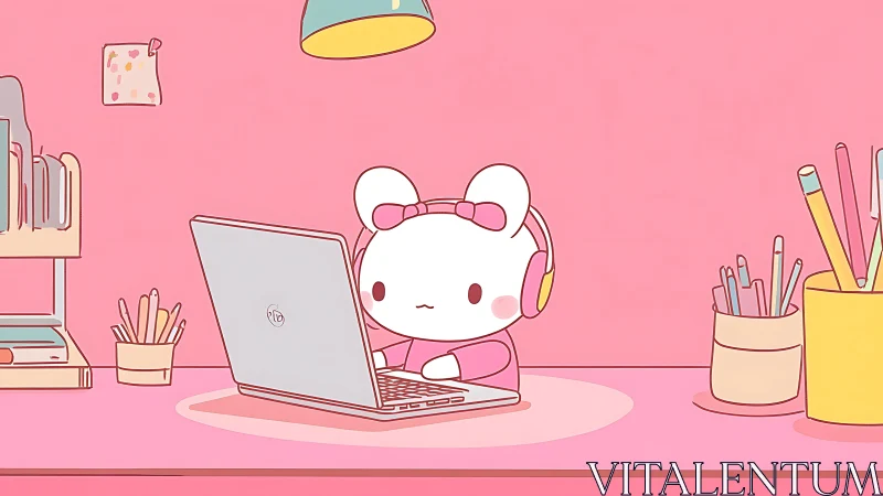 Cartoon mouse works on a laptop at a pink desk workspace