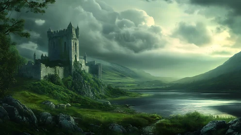 Stone castle above misty lake under heavy storm clouds.