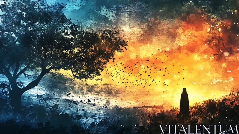 Silhouetted dreamer watching birds meet fire and sky.