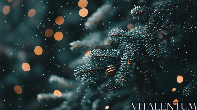 Snow-kissed pine branches glow with warm festive bokeh.