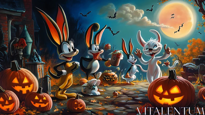 Cartoon rabbits celebrate Halloween under a glowing harvest moon