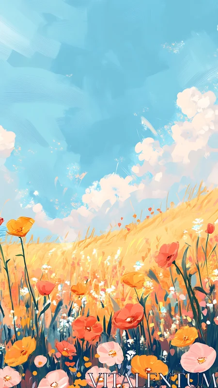 Chromatic wildflower field under stratified brushstroke sky.