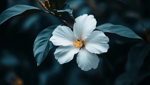 White Hibiscus with Golden Center Blooms Against Dark Foliage