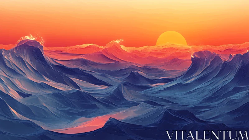 Radiant sunset glides over swirling sapphire digital waves