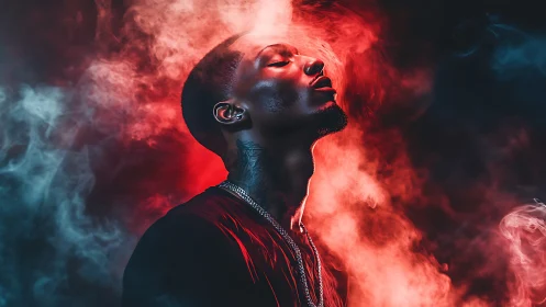 Portrait of man in red and blue smoke with dramatic light.