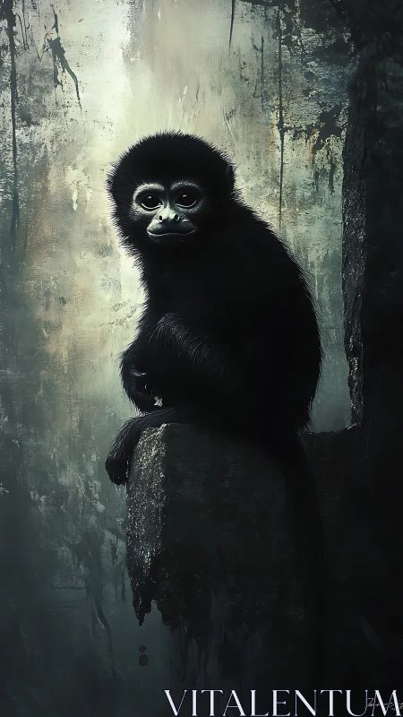 Moody digital portrait of solitary primate on stone ledge.