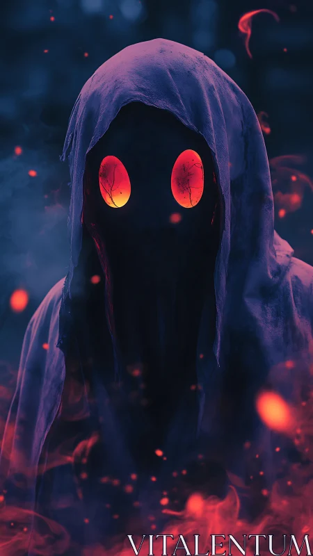 Hooded spectral figure with glowing ember eyes emerging.