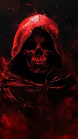 Hooded red skull figure emerges from dark abstract background