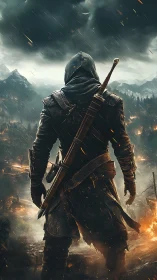 Hooded warrior stands armed over burning valley in storm