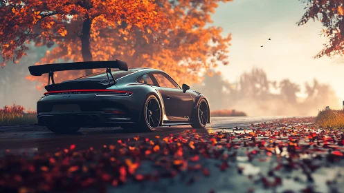 Sport coupe on misty autumn road with vivid foliage.