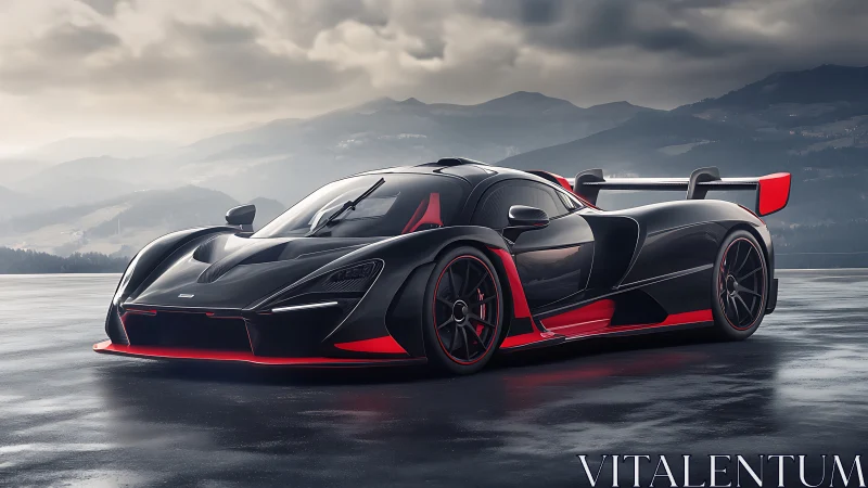 Midnight hypercar prowls wet asphalt beneath brooding mountains