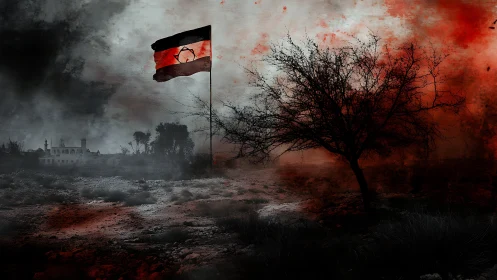 War-torn wasteland with solitary flag and barren tree