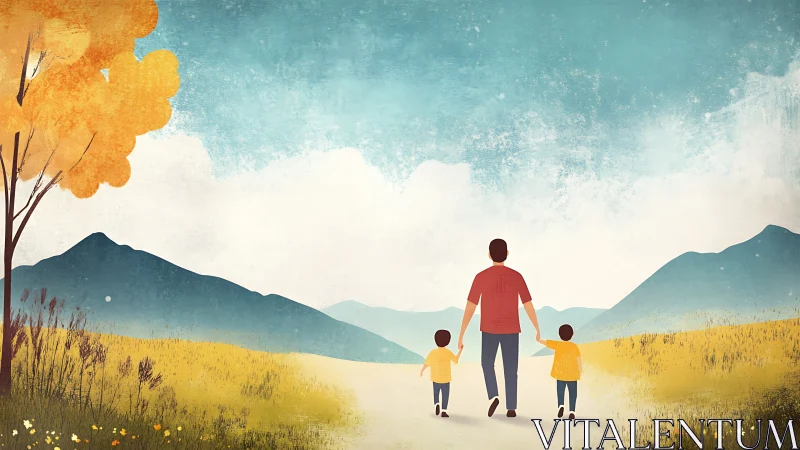 Adult and Children Walking Through Golden Field Landscape