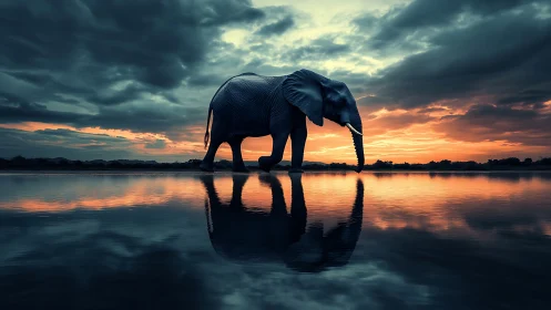 Elephant silhouette mirrored in vivid sunset water reflection.