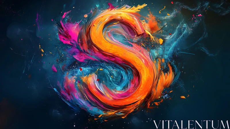 Painted letter S formed by swirling multicolored strokes.