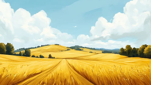 Golden wheat hills stretch beneath bright summer clouds.