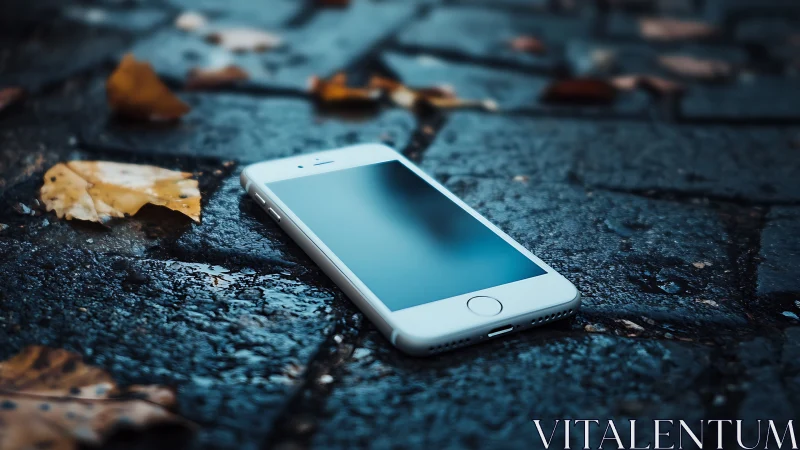 White smartphone on weathered blue-toned asphalt surface with autumn debris