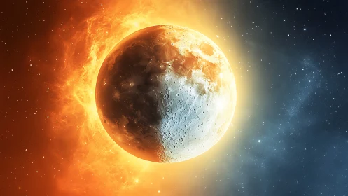 Cosmic eclipse where firelight meets quiet lunar frost.