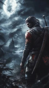 Moonlit warrior surveys stormy coastline in high-contrast detail