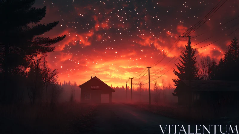Backroad cabin glows beneath a burning, star-swept sky.