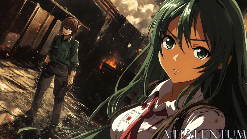 Anime survivors stand in burning urban ruin at dusk.