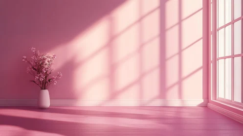 Minimalist pink interior with vase and geometric window light