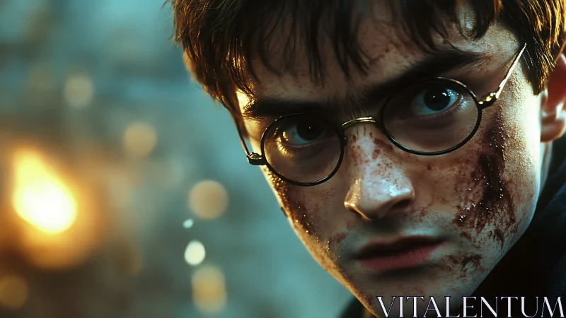 Battle-worn young wizard holds steady under fiery light