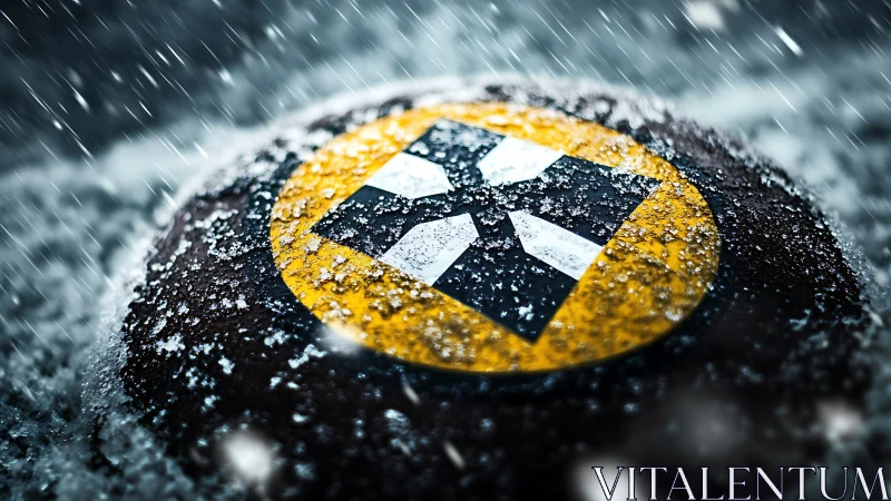 Bitcoin Symbol Encased in Winter Snow and Rainfall.