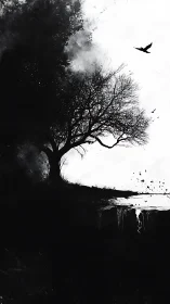 Quiet lone tree watching birds drift across a stark sky.